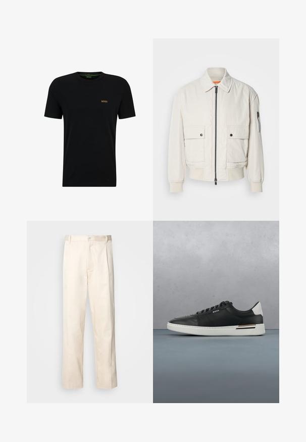 Chaqueta bomber ligera de crema con cremallera frontal, dos bolsillos delanteros, puños acanalados y una textura suave. Presenta un sutil acento naranja en el interior del cuello.; Camiseta de algodón negra con cuello redondo, mangas cortas y un pequeño logo dorado en el lado izquierdo del pecho. Textura suave y diseño sencillo.; Pantalones de algodón beige con corte recto, que cuentan con un cierre de botón y pliegues en la parte frontal para un detalle adicional.; Zapatilla de cuero negra con suela blanca, cuenta con perforaciones, diseño de cordones, logo en el costado y detalle del talón en blanco y marrón.