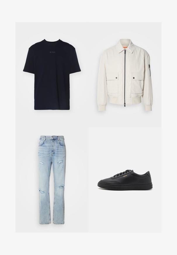 Chaqueta bomber ligera de crema con cremallera frontal, dos bolsillos delanteros, puños acanalados y una textura suave. Presenta un sutil acento naranja en el interior del cuello.; Camiseta de algodón azul marino de manga corta y escote redondo, con un logo gris "BOSS" centrado en el pecho.; Jeans de mezclilla de lavado claro con un corte relajado, que presentan áreas desgastadas y bordes deshilachados. La tela tiene una textura suave y lisa.; Zapatillas de cuero negro con una textura suave, punta redondeada, suela plana de goma y cordones a tono. Presentan el logotipo dorado "BOSS" en el lateral.
