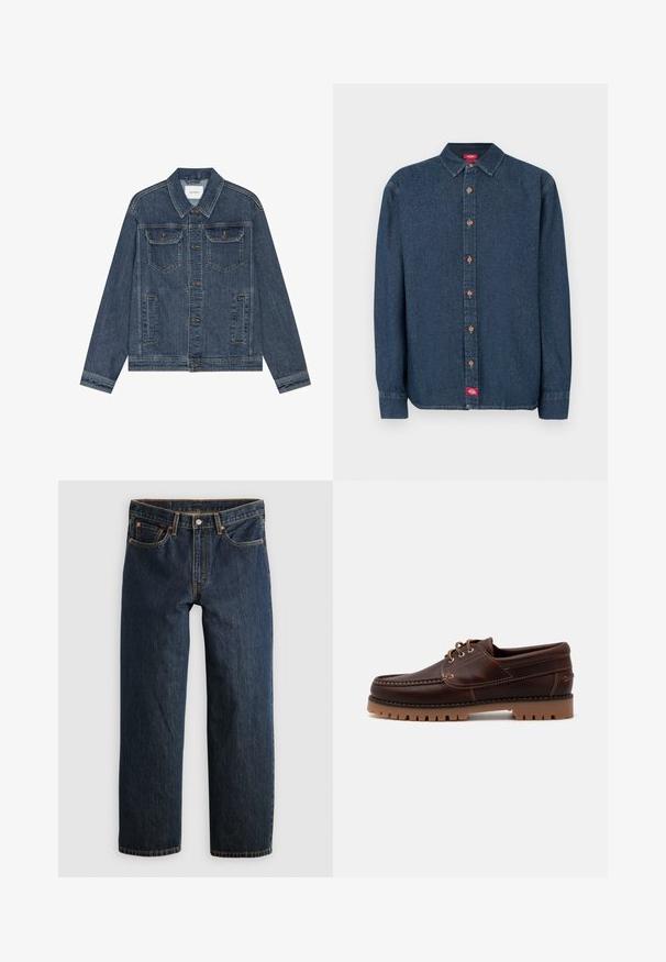 Dunkelblaue Jeansjacke mit Knopfverschluss, zwei Brustklappentaschen mit Knöpfen und zwei seitlichen Einschubtaschen, langen Ärmeln und einem spitzen Kragen.; Dunkelblaues Denim-Hemd mit Knöpfen, spitzem Kragen, langen Ärmeln und kupferfarbenen Knöpfen. Verfügt über ein kleines rotes Etikett auf der linken Seite.; Dunkelblaue Jeans aus Denim mit geradem Bein. Verfügen über fünf Taschen, kontrastierende Naht und eine Knopfverschluss am Bund.; Braune Lederschiffsschuh mit gestickten Details, Schnürdesign und robustem Gummisohle mit strukturierten Stollen für besseren Halt.