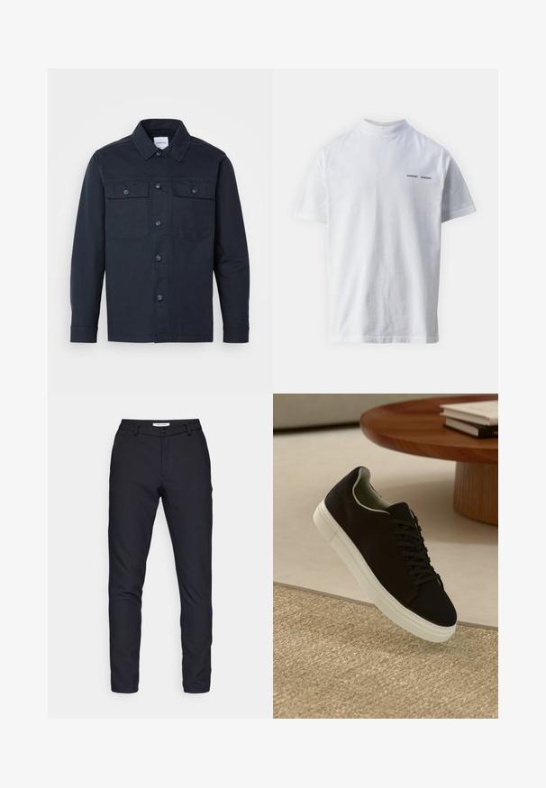 Camisa de botones azul marino hecha de una mezcla de algodón, con dos bolsillos en el pecho y un diseño de cuello clásico.; Camisa de algodón blanca con un cuello alto y mangas cortas. Presenta el logo "SAMSØE SAMSØE" en negro en la parte delantera. Textura suave.; Pantalones negros de tela sólida, con cremallera en la bragueta, cierre de botón, trabillas para el cinturón y perneras rectas sin patrones ni texturas visibles.; Zapatilla negra con suela blanca flotando sobre una alfombra texturizada beige cerca de una mesa redonda de madera con libros apilados.