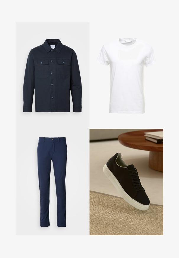 Camisa de botones azul marino hecha de una mezcla de algodón, con dos bolsillos en el pecho y un diseño de cuello clásico.; Camiseta de algodón blanca con mangas cortas, diseño de cuello redondo y textura suave. Etiqueta visible en el cuello. Estilo simple y clásico.; Pantalones azul marino de tela suave, con un diseño de pierna recta, cierre de cremallera y un único bolsillo frontal con cierre de botón.; Zapatilla negra con suela blanca flotando sobre una alfombra texturizada beige cerca de una mesa redonda de madera con libros apilados.