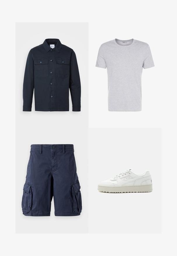 Chemise bleu marine à boutons, fabriquée en mélange de coton, dotée de deux poches poitrine et d'un col classique.; T-shirt en coton gris avec un col rond, des manches courtes et un design sobre, offrant une texture douce et lisse sans motifs ni embellissements visibles.; Shorts cargo bleu marine en coton. Ils disposent de plusieurs poches latérales, d'une fermeture à bouton et d'une coupe décontractée. Texture lisse et design durable.; Baskets basses blanches avec semelle épaisse, laçage à l’avant, détails perforés et col rembourré sur un fond gris clair uni.