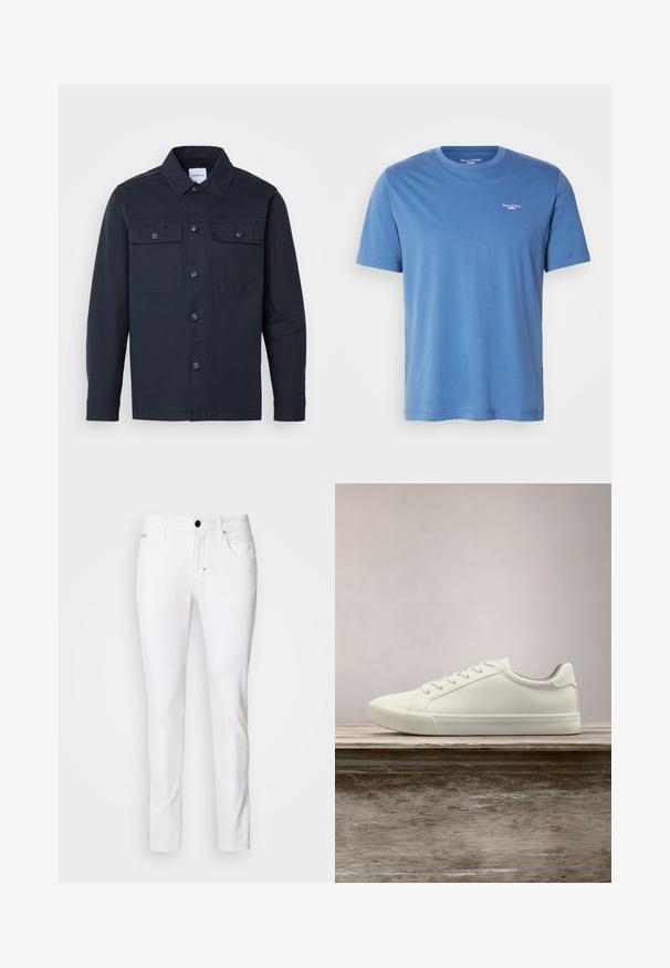 Dunkelblauses Hemd mit Knöpfen, aus einer Baumwollmischung gefertigt, mit zwei Brusttaschen und klassischem Kragendesign.; Helles blaues T-Shirt mit kurzen Ärmeln aus weichem Stoff, mit einem Rundhalsausschnitt und einem kleinen weißen Logo auf der oberen linken Brust.; Weiße Jeans im Denim-Stil mit geradem Bein, klassischem Fünf-Taschen-Design, Metallknopfverschluss und subtilen Steppdetails.; Weiße Schnürsneaker, die über einer Holzbank mit grünem Laub im Hintergrund schweben und das Schuhdesign sowie die Textur zeigen.
