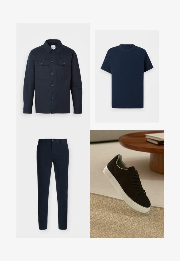 Marineblauw knoopshirt gemaakt van een katoenmix, met twee borstzakken en een klassiek kraagontwerp.; Eenvoudig marineblauw T-shirt met korte mouwen en ronde hals op een witte achtergrond, voorkant zonder zichtbare logo’s of ontwerpen.; Marineblauwe slim-fit broek met knoop- en ritssluiting en riemlussen, weergegeven tegen een witte achtergrond.; Zwarte sneaker met witte zool die boven een beige gestructureerd tapijt zweeft, nabij een ronde houten tafel met gestapelde boeken.