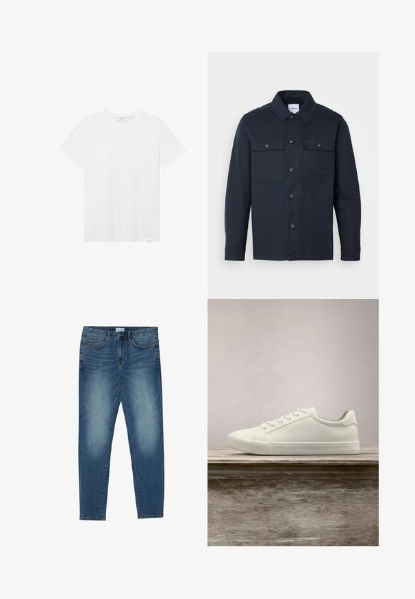 Marineblå button-up skjorte lavet af en blanding af bomuld, med to brystlommer og et klassisk kravedesign.; Hvid bomulds t-shirt med rund halsudskæring, korte ærmer og en diskret logo detalje på brystet. Glat tekstur og standard pasform.; Denimjeans i midtblå med en falmet vask, fem-lomme design, lige ben pasform og broderede detaljer. Knap- og lynlåslukning.; Hvide snørresneakers svævende over en træbænk med grønne planter i baggrunden, der fremhæver skodesign og tekstur.