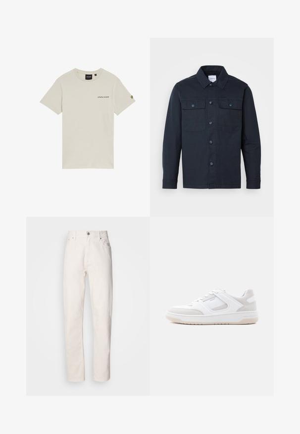 Marineblå button-up skjorte lavet af en blanding af bomuld, med to brystlommer og et klassisk kravedesign.; Beige bomulds t-shirt med rund hals, korte ærmer og et lille "LYLE & SCOTT" logo trykt på brystet. Har et broderet logo på ærmet.; Hvide denim jeans med lige ben, med knap- og lynlåslukning, bæltestropper samt for- og baglommer, præsenteret på en ensfarvet baggrund.; Lavprofileret hvid og lysebeige sneaker med snørelukning, polstret krave og gummisål på en ensfarvet lys baggrund.