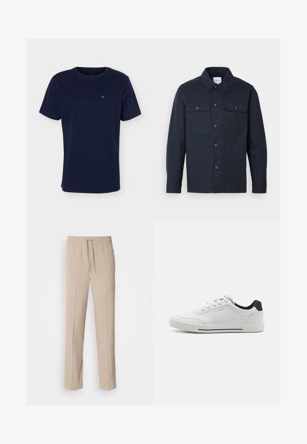 Marineblå button-up skjorte lavet af en blanding af bomuld, med to brystlommer og et klassisk kravedesign.; Marineblå T-shirt med korte ærmer og rund halsudskæring med en brystlomme med et lille logo på en ensfarvet baggrund.; Beige, afslappede bukser lavet af blødt materiale, med elastisk talje og snøre samt lige ben med minimale detaljer.; Hvide sneakers med en glat syntetisk overdel, rund tå, snørebåndsdesign, marineblå accent på hælen og en tekstureret gummisål med en sort stribe.