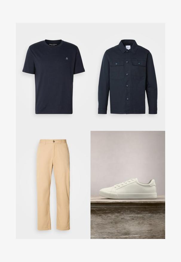 Dunkelblauses Hemd mit Knöpfen, aus einer Baumwollmischung gefertigt, mit zwei Brusttaschen und klassischem Kragendesign.; Navyblaues Baumwoll-T-Shirt mit kurzen Ärmeln, rundem Halsausschnitt und kleinem gesticktem Logo auf der Brust. Glatte Textur, lässiges Design.; Khaki Baumwollhosen mit geradem Beinschnitt, ausgestattet mit einem vorderen Knopfverschluss und Gürtelschlaufen. Glatte Textur und einfarbige Oberfläche.; Weiße Schnürsneaker, die über einer Holzbank mit grünem Laub im Hintergrund schweben und das Schuhdesign sowie die Textur zeigen.