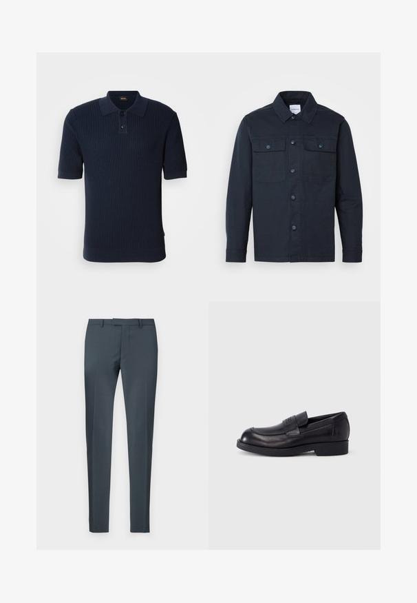 Marineblauw knoopshirt gemaakt van een katoenmix, met twee borstzakken en een klassiek kraagontwerp.; Marineblauw ribbed poloshirt met een twee-knops knoopsluiting, korte mouwen en een platte kraag. De stof heeft een gestructureerde afwerking en een getailleerde pasvorm.; Slim-fit broeken van donkergrijze stof, met een vlakke voorkant, riemlussen en zijzakken, met een gladde textuur en een getailleerde vorm.; Zwarte leren loafer met lage hak en band over de wreef, met een gegraveerd logo op de band, weergegeven in zijaanzicht op een witte achtergrond.