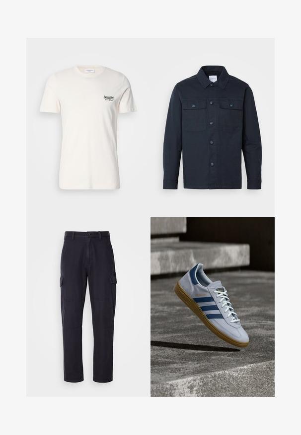 Camisa de botones azul marino hecha de una mezcla de algodón, con dos bolsillos en el pecho y un diseño de cuello clásico.; Camiseta de algodón en color blanco roto, con cuello redondo, mangas cortas y un pequeño gráfico en negro y verde en el lado izquierdo del pecho.; Pantalones cargo azul marino en una mezcla de algodón, con bolsillos laterales, un diseño de pierna recta y detalles de costura visibles.; Zapatilla Adidas Spezial azul claro con rayas azul marino y suela de goma, mostrada en el aire sobre escalones de hormigón en un entorno exterior neutral.