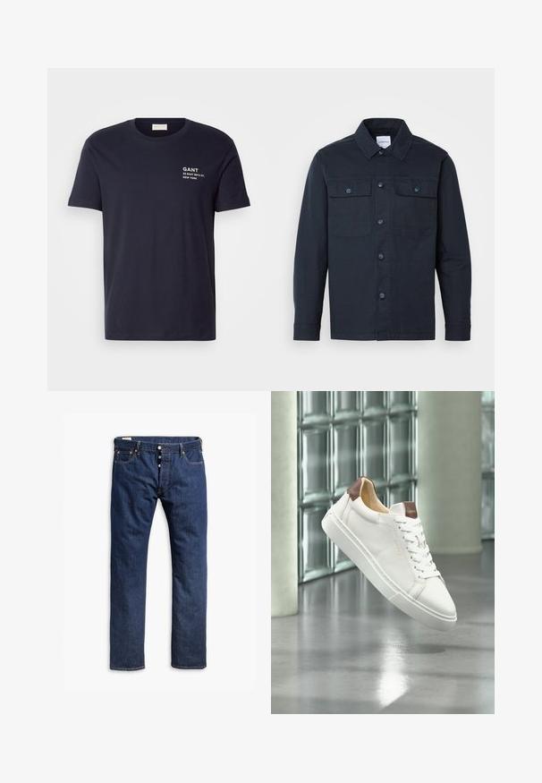 Marineblauw knoopshirt gemaakt van een katoenmix, met twee borstzakken en een klassiek kraagontwerp.; Navy blauwe katoenen t-shirt met korte mouwen, een ronde hals en witte bedrukte tekst: "GANT 32 EAST 39TH ST. NEW YORK" op de borst.; Donkerblauwe denim jeans met een recht pijpdesign, contrasterende stiksels, een knopenrits en vijf-pocketstijl.; Witte leren sneaker met bruine accenten en witte veters die zweeft boven een glanzende betonnen vloer met glasblokkenramen op de achtergrond.