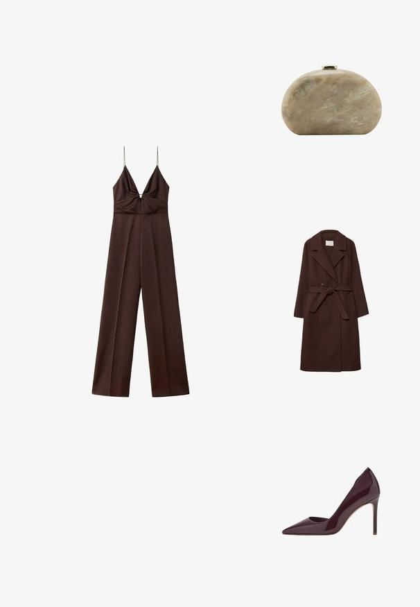 Manteau en mélange de laine brun avec un design double boutonnage, col cranté, ceinture à la taille et poches latérales, avec une texture douce.; Combinaison marron foncé à jambes larges avec fines bretelles spaghetti et un décolleté en V profond avec un détail froncé à la poitrine.; Chaussure à talon haut en cuir verni bordeaux avec bout pointu et empeigne profonde, dotée d'un talon aiguille fin et d'une texture lisse et brillante.; Petit sac pochette rigide beige marbré avec une forme arrondie et une fermeture à clip dorée sur le dessus.