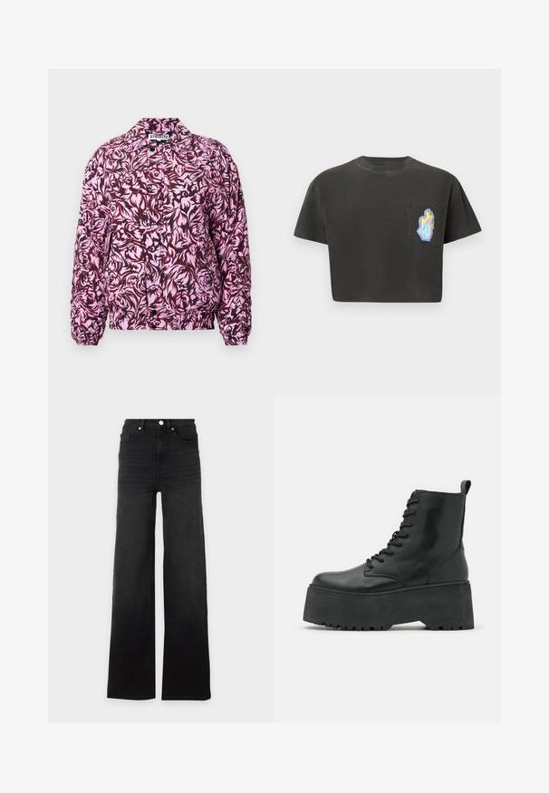 Blomsterpræget bomberjakke med et design i pink og mørkerød. Fremstillet af letvægtsstof med elastiske manchetter og en samlet kant.; Sort crop-top t-shirt med korte ærmer, der har en venstre brystlomme dekoreret med et farverigt flamme- og geometrisk mønster.; Sort højtaljede jeans med brede ben, frontknap, bæltestropper og fem lommer på hvid baggrund.; Sorte ankelstøvler med en kraftig platformssål, lavet af glat læder, med snørebåndsdesign og en træktab bagpå.
