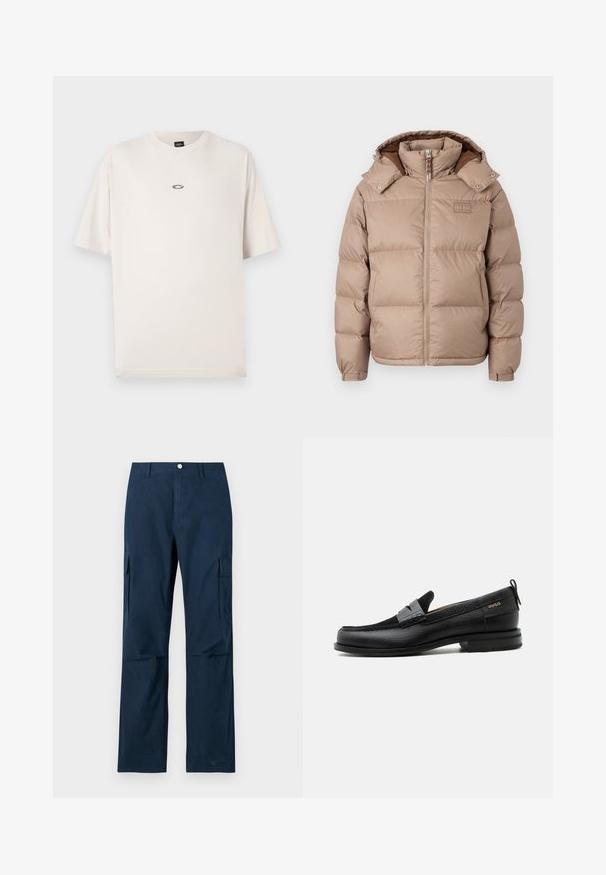 Beige pufjakke med hætte, lynlåslukning og trykknapkrave. Har vandret quiltet polstring og diskret branding på brystet.; Oakley RISE TEE - T-shirts basic - mist; Marineblå cargo-bukser lavet af bomuld, med to sidelommer, lige ben-design og en frontlukning med knap. Glat tekstur.; Sort læderloafer med grå remdetalje, lav hæl og tekstureret sål, mærket med "HUGO" i guld på siden.