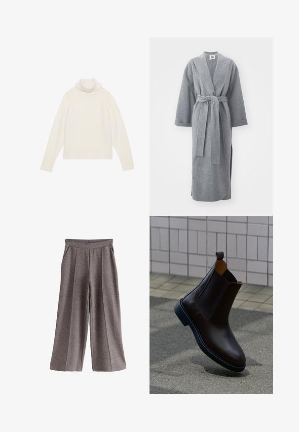 Lang grå uldbadekåbe med bred krave, bælte i taljen og mellemlange ærmer. Blød tekstur og afslappet pasform med sideslids.; Lyscreme turtleneck sweater med ribbet tekstur, raglanærmer og tætsiddende kant. Blødt materiale og afslappet silhuet.; Grå vidde bukser med blødt stof, der har en flad linning, frontlokker og sidelommer. Enkel og alsidig design.; Mørkebrun læder Chelsea-støvle med trækkegreb og elastiske sidelommer, placeret på en grå fortov med flisevæg i baggrunden.