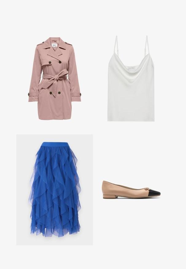 Gabardina de doble botonadura en rosa claro con hombreras, puños con botones, bolsillos delanteros y cinturón de cintura anudado.; Camisón de satén blanco con escote drapeado, finas tiras ajustables y dobladillo recto. La etiqueta "ANNA FIELD" es visible en el interior.; Falda de tul azul en capas con un diseño ondulado, que presenta una cinturilla ancha y una textura suave y transparente. Los volantes crean un aspecto voluminoso.; Bailarina de cuero beige con puntera negra y pequeño lazo en la parte delantera, con un tacón bajo para mayor comodidad.