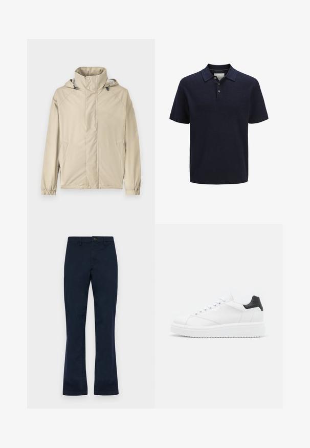 Beige Jacke mit Kapuze, mit durchgehendem Reißverschluss, elastischen Bündchen und Seitentaschen. Hergestellt aus glattem, leichtem Material mit matter Oberfläche.; Marineblaues Strick-Poloshirt mit kurzen Ärmeln, strukturiertem Muster, Dreiknopf-Leiste sowie geripptem Kragen und Saum.; Navyblaue Baumwollhose mit geradem Bein, ausgestattet mit einem Knopfverschluss vorne, Gürtelschlaufen und zwei Seitentaschen. Glatte Textur.; Weiße Leder-Sneaker mit schwarzem Fersenbereich, flachen Schnürsenkeln, strukturiertem Zwischensohlenteil und Branding auf der Außenseite. Entworfen für den Casual-Look.