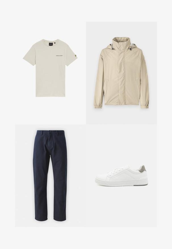 Beige jakke med hætte, der har lynlås foran, elastiske manchetter og sidelommer. Fremstillet af glat, let stof med en mat finish.; Beige bomulds t-shirt med rund hals, korte ærmer og et lille "LYLE & SCOTT" logo trykt på brystet. Har et broderet logo på ærmet.; Marineblå bomuldsbukser med lige ben, frontlukning med knap og bæltestropper. Glat tekstur og minimalistisk design.; Hvid sneaker lavet af glat læder, rund tå, minimalistisk design, grå hælafsats og tekstureret gummisål.