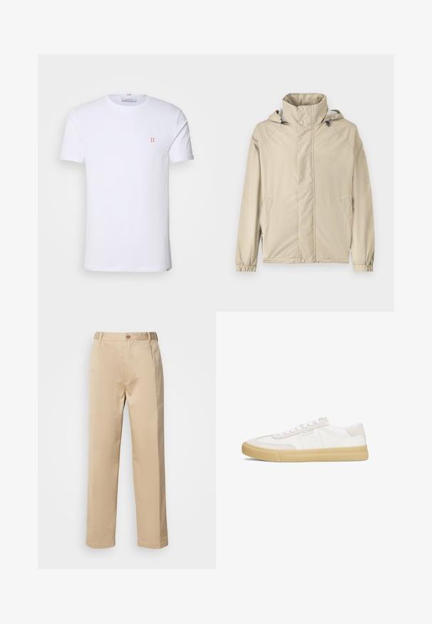 Beige jack met een capuchon, voorzien van een ritssluiting aan de voorkant, elastische manchetten en zijzakken. Gemaakt van gladde, lichte stof met een matte afwerking.; Witte katoenen t-shirt met korte mouwen, met een klein oranje "II" logo op de linkerborst en een ronde halslijn. Eenvoudig ontwerp en textuur.; Beige broek van lichtgewicht stof, met een rechte pasvorm, tailleband met riemlussen en een enkele knoopsluiting aan de voorkant.; Witte sneakers van leer en suède, met een vetersluiting, een tan rubberen zool en een klein logo aan de zijkant.