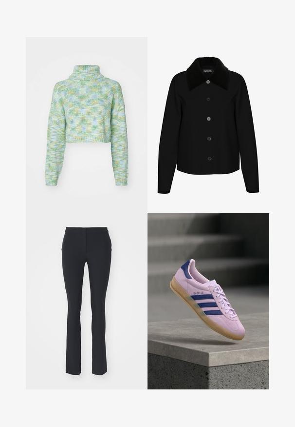 Veste noire avec un col en peluche noir, fermeture frontale à six boutons, manches longues et design court. Texture lisse et silhouette simple.; ONLY ONLELOISE CROP ROLLNECK - Pullover - absinthe green; Pantalons noirs extensibles avec un design ajusté, présentant une texture lisse, une coupe droite et de petites fermetures éclair sur le côté à l'ourlet.; Baskets Adidas Gazelle violet clair avec des bandes bleu marine et une languette au talon, semelle en gomme, flottant au-dessus d’un rebord en pierre avec des escaliers flous en arrière-plan.