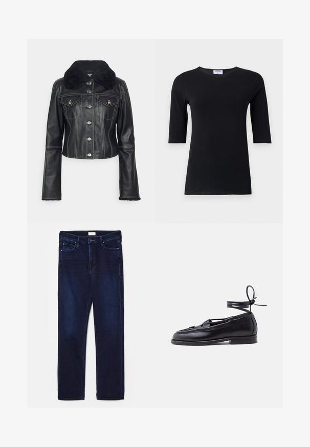 Filippa K JACKET - Lederjacke - black; Schwarzes Langarmshirt aus weichem, dehnbarem Stoff. Hat einen runden Ausschnitt und eine taillierte Silhouette mit Ärmeln in mittlerer Länge.; Dunkelblaue Denim-Jeans im Slim-Fit mit fünf Taschen, gesteppten Akzenten und geradem Bein. Mit Knopf- und Reißverschluss.; Schwarzer Lederloafer mit flacher Sohle und schnürbarem Knöchelriemen, der zu einer Schleife gebunden ist, vor einem schlichten hellen Hintergrund.