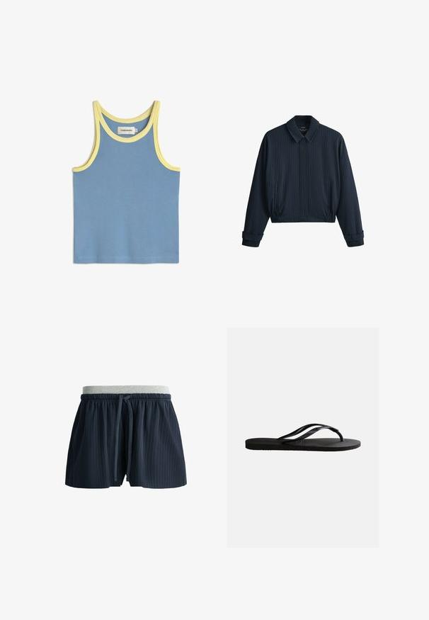 Veste bleu marine à fines rayures avec col, manches longues, poches avant, taille élastique et manches à revers.; Débardeur côtelé bleu avec bordure jaune autour de l'encolure et des emmanchures, comportant une petite étiquette de marque à l'intérieur du col.; Shorts bleu marine à fines rayures avec taille élastique grise et cordon bleu marine, présentés sur fond blanc.; Sandale tong en caoutchouc noir avec semelle texturée et fines brides en Y sur un fond blanc uni.