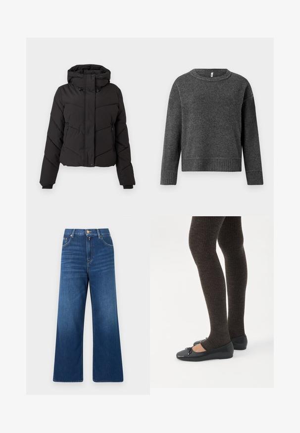 Doudoune noire avec un col haut, une capuche avec cordon de serrage, des poches zippées et un design matelassé avec des motifs de couture diagonale.; Pull en tricot gris foncé avec un col rond et des manches longues. Présente des poignets et un ourlet côtelés, fabriqué à partir d'un tissu doux et texturé.; Jean en denim bleu à jambes larges avec taille haute, fermeture avant par bouton et zip, et poches avant et arrière.; Jambes portant des leggings côtelés foncés associés à des ballerines noires avec de petits détails en nœud sur fond blanc.