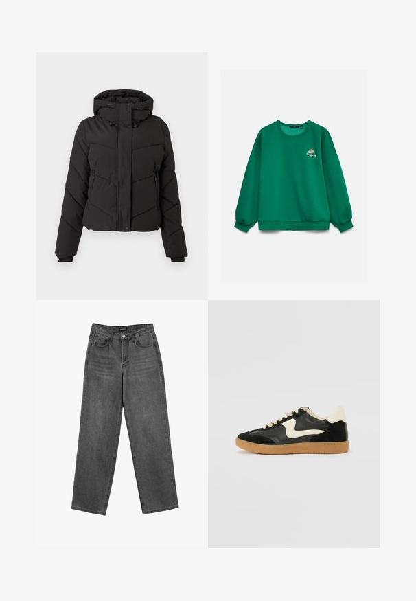 Zwarte donsjacket met een hoge kraag, verstelbare capuchon, ritszakken en een doorgestikt design met diagonale stiksels.; Groene trui met lange mouwen met een klein geborduurd tennisracket en bal op de linkerborst, afgebeeld op een effen achtergrond.; Zwarte high-waisted straight-leg jeans met een knoop aan de voorkant en zakken, weergegeven op een witte achtergrond.; Zwarte suède en leren sneaker met een crèmekleurige zij-swoosh en lichte crèmekleurige hiel. Voorzien van beige veters en een gumrubberen zool.