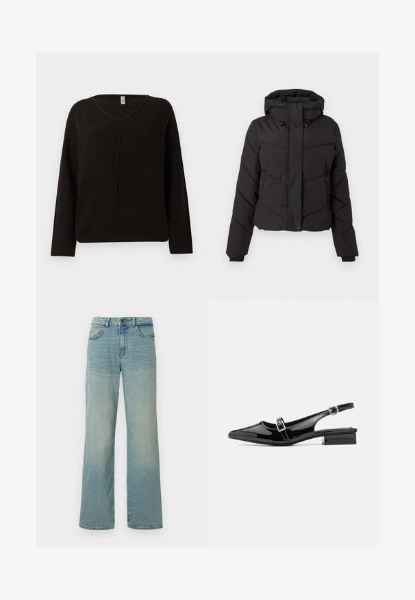 Doudoune noire avec un col haut, une capuche avec cordon de serrage, des poches zippées et un design matelassé avec des motifs de couture diagonale.; Pull noir en V en tricot doux et texturé. Doté de manches longues avec des bords côtelés et une couture centrale subtilement brodée. Coupe décontractée.; Jean en denim bleu clair avec une taille haute, des jambes larges et un design classique à cinq poches. Présente un léger délavage et une fermeture à bouton.; RAID RAMIA - Ballerines à brides arrière - black