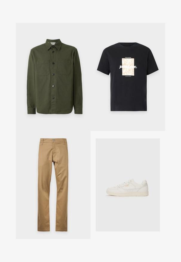 Mørkegrøn knap-opsat skjorte lavet af blødt stof, med krave, to brystlommer og sorte knapper langs fronten.; Sort bomulds t-shirt med rund hals. Har et beige rektangulært grafik og hvid tekst, "JAWO," centreret foran. Korte ærmer.; Tan bomuldsbukser med lige ben-design, der har en frontknaplukning, bæltestropper og sidelommer. Glat tekstur.; Hvide lædersneakers med en glat overflade, der har perforerede detaljer, snørebånd fortil og et diskret logo i guld nær siden.