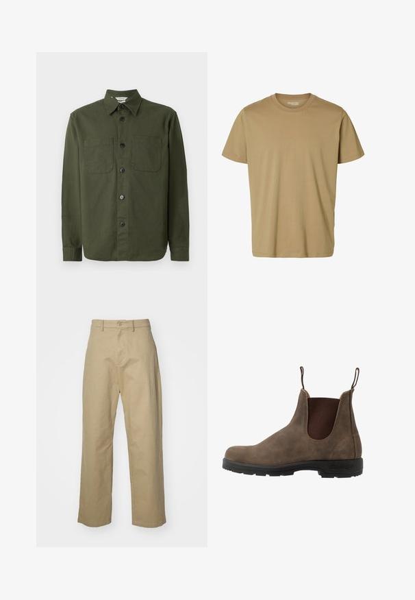Mørkegrøn knap-opsat skjorte lavet af blødt stof, med krave, to brystlommer og sorte knapper langs fronten.; Almindelig beige t-shirt med korte ærmer og rund hals uden synlige mønstre eller logoer vist på en hvid baggrund.; Beige bomuldsbukser med et lige ben-design, der har en frontknap og lynlås lukning samt to sidelommer. Glat tekstur.; Brune læder chelsea-støvle med elastiske sidepanelen, trækflapper og en sort gummisål med et struktureret slidbane for bedre greb.