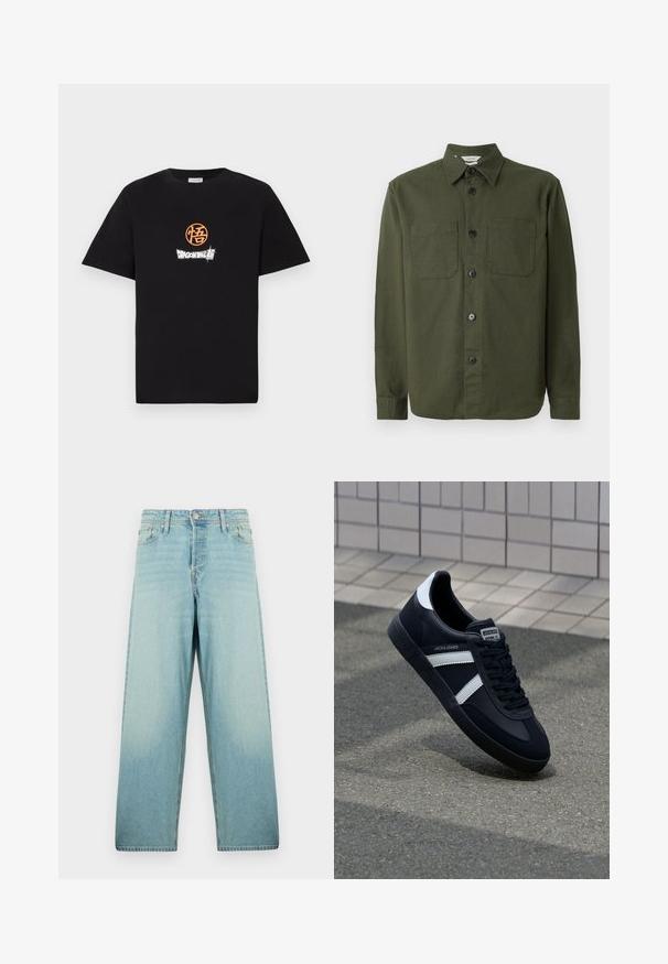 Dunkelgrünes Hemd mit Knöpfen aus weichem Stoff, mit Kragen, zwei Brusttaschen und schwarzen Knöpfen entlang der vorderen Leiste.; Schwarzes Baumwoll-T-Shirt mit einem orangen runden Logo und weißem "Dragon Ball"-Textdruck auf der Vorderseite. Klassisches Rundhalsdesign.; Helle blaue weit geschnittene Jeans aus Denim mit einer ausgewaschenen Optik. Verfügt über einen Knopfverschluss vorne und ein Fünf-Taschen-Design.; Schwarze Leder-Sneaker mit weißen Streifen, strukturiertem Gummisohle und Schnürung. Verfügt über ein Markenetikett auf der Zunge.