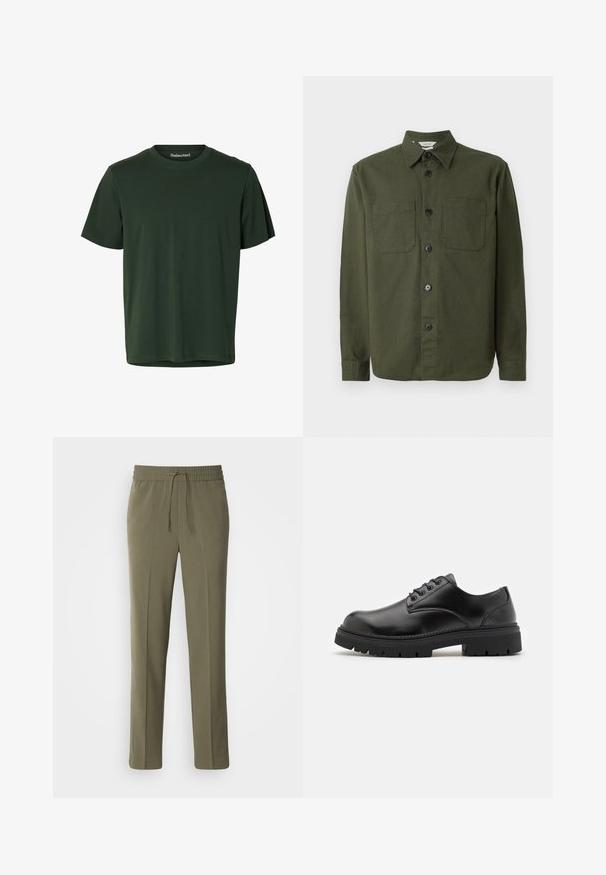 Dunkelgrünes Hemd mit Knöpfen aus weichem Stoff, mit Kragen, zwei Brusttaschen und schwarzen Knöpfen entlang der vorderen Leiste.; Dunkelgrünes T-Shirt mit kurzen Ärmeln und Rundhalsausschnitt aus glattem Stoff mit geradem Saum.; Olivengrüne, leichte Hose mit elastischem Bund und verstellbarem Kordelzug; gerades Bein Design und glatte Textur.; Schwarze Lederschuhe mit runder Zehenform, Schnürdesign und einer dicken, strukturierten Gummisohle. Sie verfügen über eine Naht entlang des Randes und haben eine glatte Oberfläche.