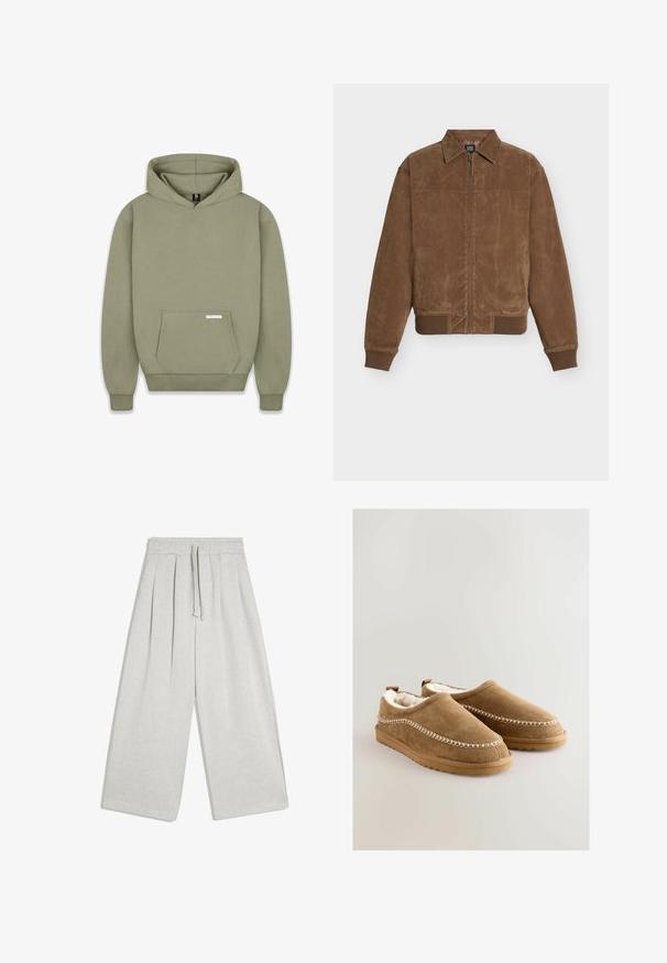 Veste en cuir marron avec col, fermeture éclair, poches latérales, poignets et ourlet côtelés. Texture lisse avec un design élégant.; Sweat-shirt à capuche vert olive, avec des manches longues, une poche kangourou à l'avant, des poignets côtelés, et une petite étiquette sur la poche.; Pantalon gris clair à jambes larges avec taille élastique et cordon de serrage, présentant des plis sur le devant et une coupe décontractée.; Des chaussures slip-on en daim beige avec une doublure en fausse fourrure douce, des coutures blanches décoratives sur les côtés et des semelles en caoutchouc antidérapantes.