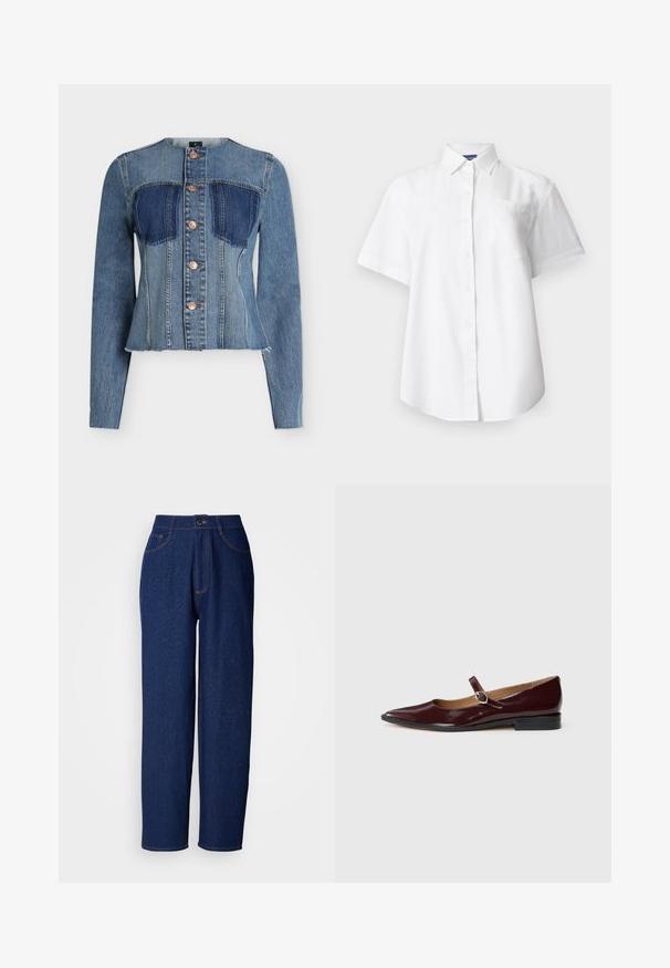 Figurbetonte Jeansjacke mit langen Ärmeln, ohne Kragen, zweifarbigen blauen Einsätzen, Knopfleiste vorn und einem roh belassenen, ungesäumten Saum.; Weißes, kurzärmeliges Hemd mit Knöpfen, Kragen und Brusttasche, vor einem schlichten hellen Hintergrund dargestellt.; Dunkelblaue Denim-Hosen im weiten Schnitt mit hoher Taille, ausgestattet mit orangefarbenen Nähten, Vorderaschen und einem Knopfverschluss. Glatte Textur mit feinen Sprenkeln.; Burgunder patentierte Leder-Mary-Jane-Schuhe mit einer spitzen Zehe, flachem Absatz und einem dekorativen Riemen mit einem runden Schnallenakzent.