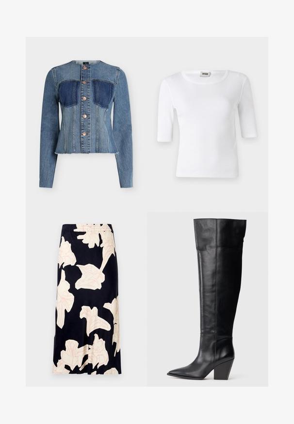 Veste en jean ajustée avec manches longues, sans col, panneaux bleu bicolores, fermeture frontale à boutons et ourlet brut non fini.; T-shirt blanc à côtes avec un col rond et des manches mi-longues. Fabriqué en matériau doux avec une texture lisse. Étiquette visible au niveau du col.; Jupe midi florale en tissu noir, ornée de grands motifs floraux rose pâle, avec une taille élastique et une texture lisse et fluide.; Botte noire en cuir, à bout pointu, avec un talon bloc haut et anglé, et des coutures verticales le long de la tige.