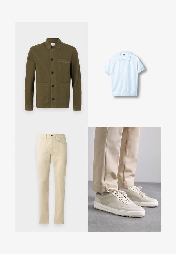Olivgrüne langärmelige Jacke mit Knopfleiste und Kragen, drei Vordertaschen und schwarzen Knöpfen, dargestellt auf weißem Hintergrund.; Hellblaues kurzärmeliges Polo mit gerippten Bündchen und Saum, einer Drei-Knopf-Leiste und einem schwarzen Label innen am Kragen.; Beige Gerade geschnittene Hosen aus Baumwollmischung. Mit Fünf-Taschen-Design, Gürtelschlaufen und einem schwarzen Knopfverschluss an der Taille.; Beige Sneaker mit strukturiertem Obermaterial, weißen Sohlen und gestickten Akzenten, kombiniert mit beigen Hosen, auf einer grauen Fläche präsentiert.
