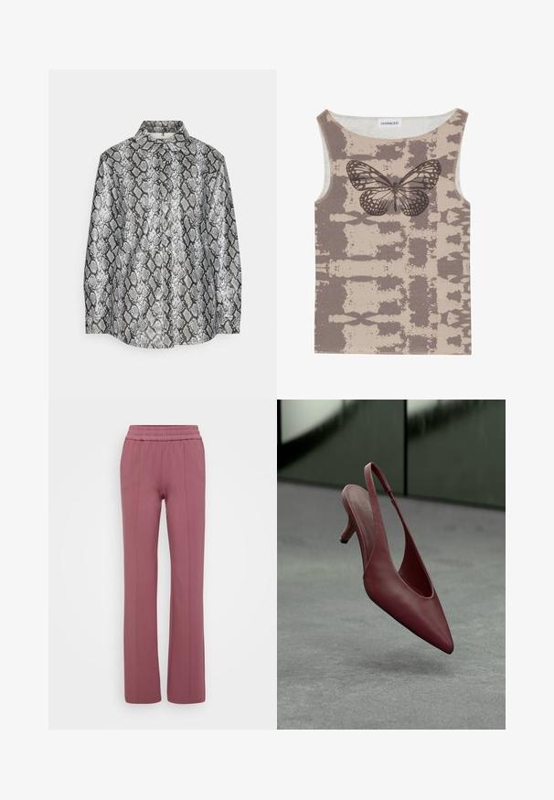 ONLY ONLCARYS SNAKE SHACKET - Let jakke / Sommerjakker - black/grey; Even&Odd Top - multi coloured; Lyse mauve lige bukser med elastisk talje. Fremstillet af blødt materiale og med lodrette syninger for et skræddersyet udseende.; Burgunderfarvet læder slingback kitten heel med spids tå, svævende over en grå tekstureret overflade foran en mørkegrøn væg.
