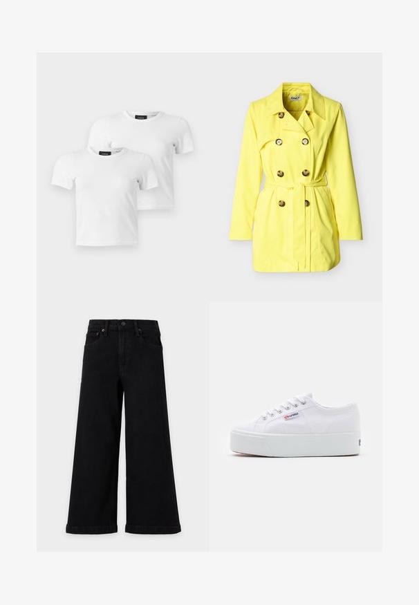 Gele trenchcoat met een dubbele rij knopen, riem en zijzakken. Glad stof met een klassieke kraag en lange mouwen.; Twee eenvoudige witte T-shirts met korte mouwen en ronde hals met JJXX merklabels, weergegeven op een lichtgrijze achtergrond.; Zwarte wijde denim jeans met knoop aan de voorkant, rits, riemlussen en vijfzakkenontwerp op een lichtgrijze achtergrond.; Witte canvas sneaker met een dikke witte platformzool, ronde neus en metalen oogjes voor veters. Merkl logo aan de zijkant weergegeven.