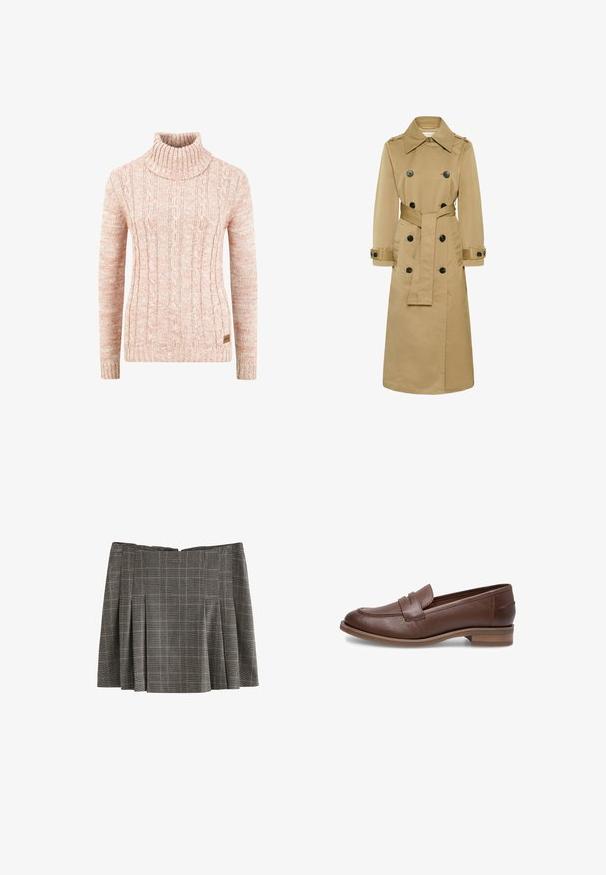 Gabardina larga beige de doble botonadura con botones negros, cuello amplio, cintura con cinturón y puños con botones, mostrada sobre fondo blanco.; Suéter de cuello alto de punto en suave melocotón, con patrón de cable texturizado, mangas largas y una etiqueta de marca tejida en el dobladillo.; Minifalda gris plisada con un patrón de cuadros en blanco y negro, presentada sobre un fondo blanco.; Mocasín de cuero marrón con tacón bajo, con detalles cosidos y punta redonda, textura suave, y un diseño clásico sin cordones.