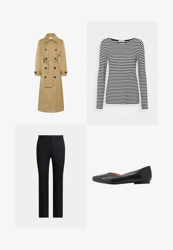 Trench-coat beige long double boutonnage avec boutons noirs, col large, taille ceinturée et poignets boutonnés, présenté sur fond blanc.; T-shirt à manches longues et col rond affichant un motif rayé noir et blanc. Fabriqué en tissu doux avec une coupe régulière. Design épuré et minimal.; Pantalon noir à jambes droites avec passants de ceinture et coupe slim, présenté sur un fond clair uni.; Chaussure plate en cuir noir avec un bout pointu, un talon bas et un design supérieur légèrement ouvert. Texture lisse avec des détails de couture minimalistes.
