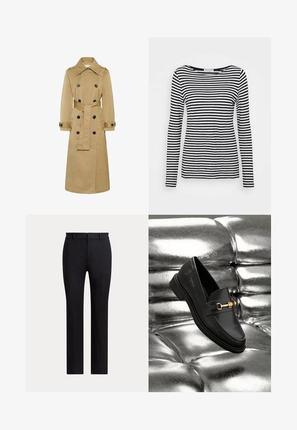 Trench-coat beige long double boutonnage avec boutons noirs, col large, taille ceinturée et poignets boutonnés, présenté sur fond blanc.; T-shirt à manches longues et col rond affichant un motif rayé noir et blanc. Fabriqué en tissu doux avec une coupe régulière. Design épuré et minimal.; Pantalon noir à jambes droites avec passants de ceinture et coupe slim, présenté sur un fond clair uni.; Mocassin en cuir noir avec un détail en métal doré. La chaussure présente un design épuré et une texture lisse et brillante.