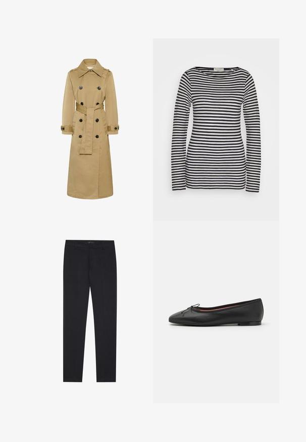 Trench-coat beige long double boutonnage avec boutons noirs, col large, taille ceinturée et poignets boutonnés, présenté sur fond blanc.; Haut à manches longues en coton, avec des rayures horizontales bleu marine et blanches, col rond, coupe ajustée, texture lisse et design minimaliste.; Pantalons formels noirs slim fit avec passants de ceinture et poches avant, conçus pour un look professionnel et ajusté.; Ballerines en cuir noir avec un bout arrondi, détail de nœud à l'avant et un talon bas et plat. Texture lisse et design épuré.