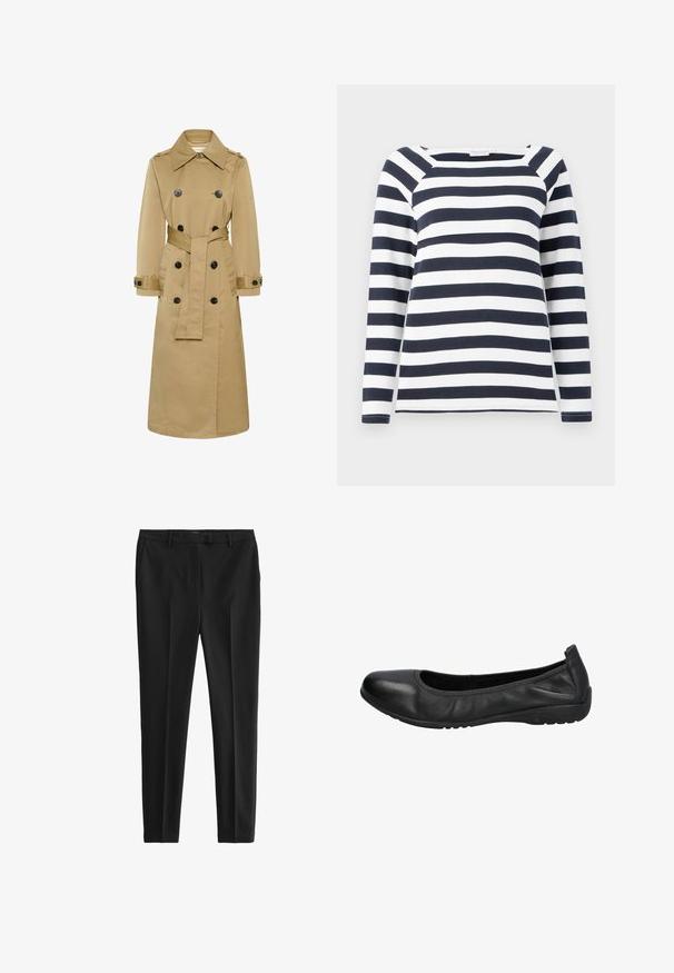 Langer beigefarbener doppelt geknöpfter Trenchcoat mit schwarzen Knöpfen, weitem Kragen, tailliertem Gürtel und geknöpften Manschetten, dargestellt vor weißem Hintergrund.; TOM TAILOR STRIPED CARRE NECK - Langarmshirt - lunar eclipse/off white; Schwarze Hosen aus glattem Stoff, mit einer taillierten Passform, Frontfalten und Gürtelschlaufen, sowie seitlichen und hinteren Taschen.; Schwarze Leder-Ballettschuhe mit einer runden Spitze, glatter Textur und einem leicht elastischen Rand für zusätzlichen Komfort. Gummisohle für besseren Halt.