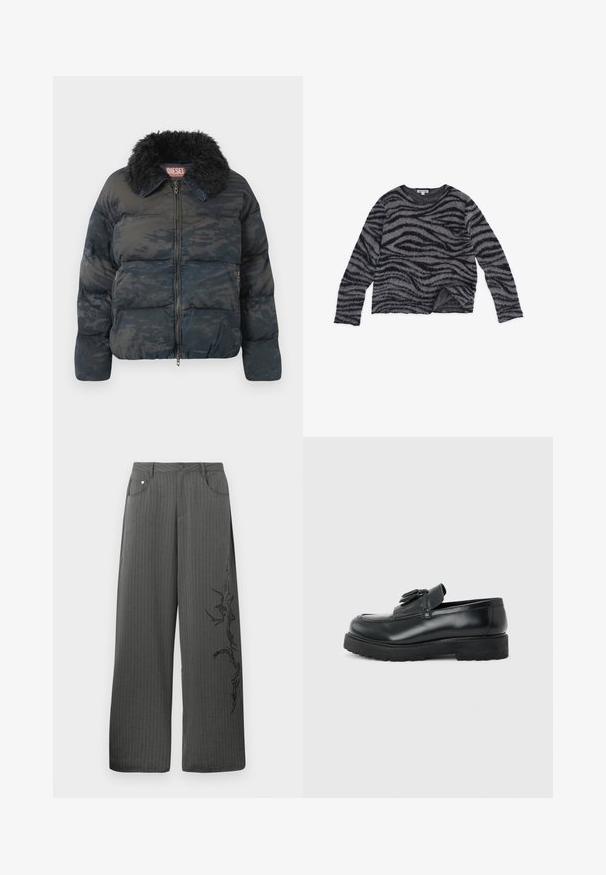 Sort, quiltet pufferjakke med faux fur-krave, lynlåslukning og diskret camouflage-mønster. Har to sidelommer.; Sort og gråstribet sweater med lange ærmer, rund halsudskæring, blød tekstur og en let cropped kant. Fremstillet af et fnugget materiale.; Bredbenede, mørkegrå stofbukser med striber, som har forlommer og et sort dekorativt print på venstre side.; Sort læderloafer med kvaster, tyk gummisål og lav hæl, vist i sideprofil på en ensfarvet baggrund.
