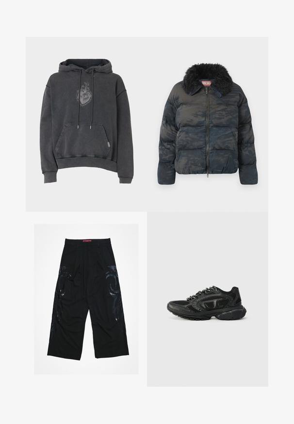 Veste en doudoune noire matelassée avec col en fausse fourrure, fermeture éclair et motif camouflage subtil. Dispose de deux poches latérales.; Sweat à capuche gris foncé, en tissu doux. Il comporte une poche avant et un motif de cœur brodé. Coupe ample avec poignets côtelés.; Pantalon noir à jambes larges avec un devant plissé, présentant des motifs tribaux noirs brillants sur les côtés et une ceinture rouge de marque.; Baskets de sport noires avec une tige en mesh, des accents texturés et un col rembourré. Design à lacets avec une semelle en caoutchouc épaisse pour le soutien.