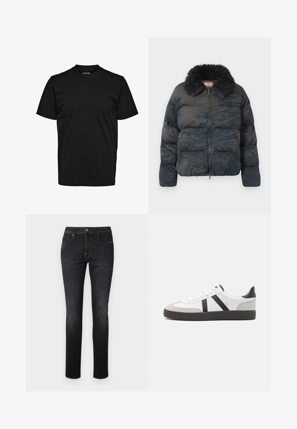 Schwarze gesteppte Pufferjacke mit Kunstfellkragen, Reißverschluss und subtilen Camouflagemuster. Verfügt über zwei Seitentaschen.; Schwarzes, schlichtes T-Shirt mit kurzen Ärmeln, Rundhalsausschnitt und regulärer Passform ohne sichtbare Muster oder Logos.; Dunkelblaue Jeans mit slim straight Fit, ausgestattet mit einem klassischen fünf Taschen Design, Knopfverschluss und dezenten Nähdetails.; Weiße Sneaker mit schwarz- und grau-aczenten, ausgestattet mit einer strukturierten grauen Zehenkappe, schwarzer Gummi-Sohle und flachen weißen Schnürsenkeln. Sauberes Design, minimalistische Stil.
