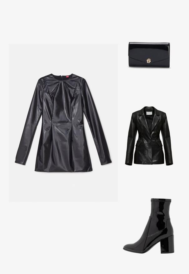 Zwart leren blazer met een gestructureerd ontwerp, revers-kraag, een enkele voorknoop en zijzakken, met een gladde textuur.; 032c TRAPEZE TOO TIGHT MINI DRESS - Cocktailjurk - black luster; Zwarte patenten enkellaarsjes met een gladde textuur, een spitse neus en een gestructureerde blokhak. Heeft een ritsvrije ontwerping en contrasterende stiksels.; Glanzende zwarte leren clutch met een goudkleurig doorlopend B-logo op de voorflap, gesloten weergegeven tegen een witte achtergrond.