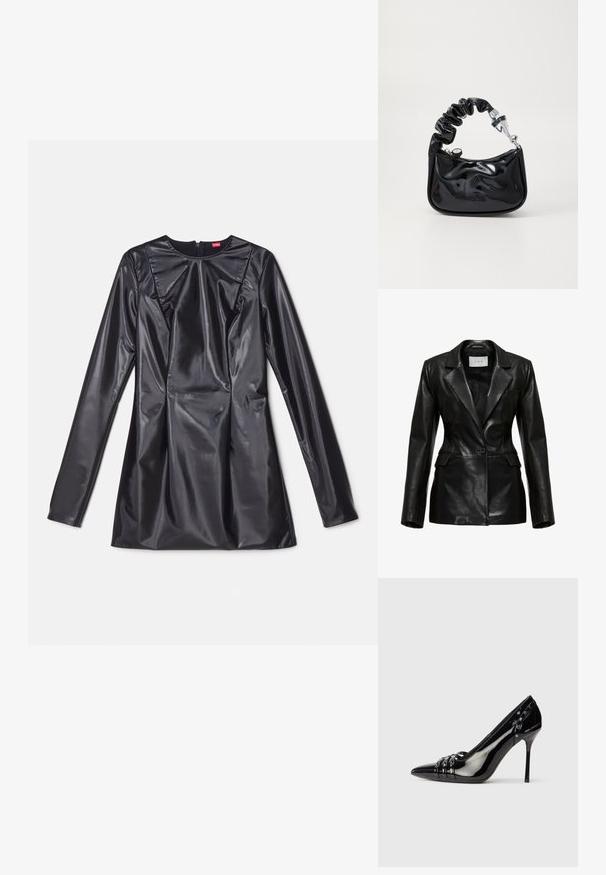 Zwart leren blazer met een gestructureerd ontwerp, revers-kraag, een enkele voorknoop en zijzakken, met een gladde textuur.; 032c TRAPEZE TOO TIGHT MINI DRESS - Cocktailjurk - black luster; Zwarte lakleren stilettohak met spitse neus, drie decoratieve banden met studs en "Karl Lagerfeld" branding op de hak.; Zwarte, glanzende handtas van patenten materiaal met een gerimpelde handgreep, zilverkleurige hardware, ronde vorm, ritssluiting en een gladde, glanzende textuur.