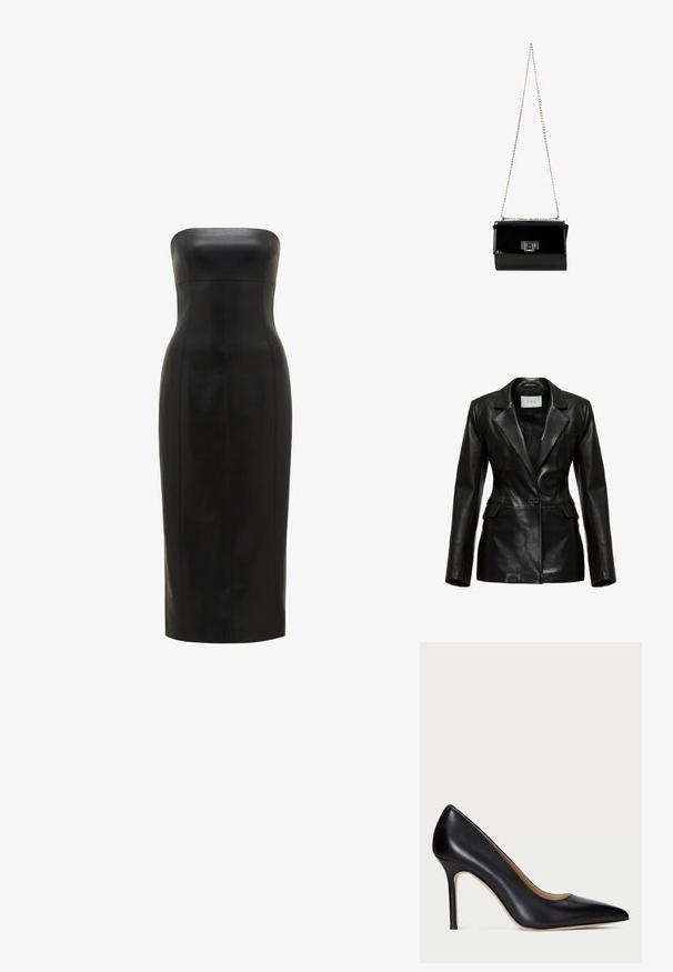 Zwart leren blazer met een gestructureerd ontwerp, revers-kraag, een enkele voorknoop en zijzakken, met een gladde textuur.; Zwarte, strapless leren jurk met een getailleerde silhoutte, knie-lang, gladde textuur en verticale naden voor definitie.; Zwarte leren hoge hakpumps met een spitse neus en een slanke stilettohak. De gladde textuur en minimale details zorgen voor een klassiek ontwerp.; Zwarte gepatineerde leren handtas met een gouden schouderband, rechthoekige vorm, voorzien van een flapsluiting aan de voorkant en een metallic logo accent.